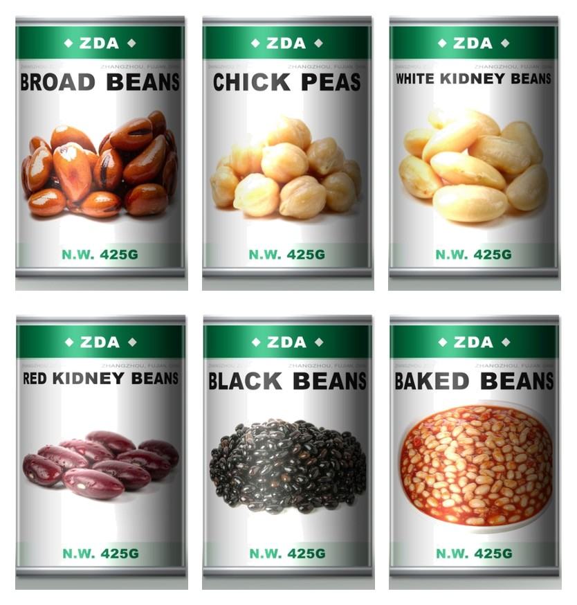 ZDA canned beans range in tinplate cans - broad beans, chick peas, white and red kidney beans and baked beans