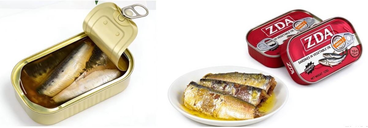 ZDA sardines in vegetable oil - opened tinplate can, plated serving and retail cans