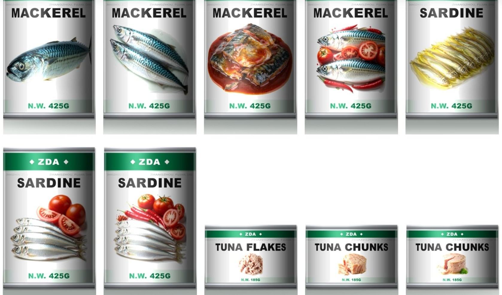 ZDA canned seafood range in tinplate cans - mackerel, sardines and tuna