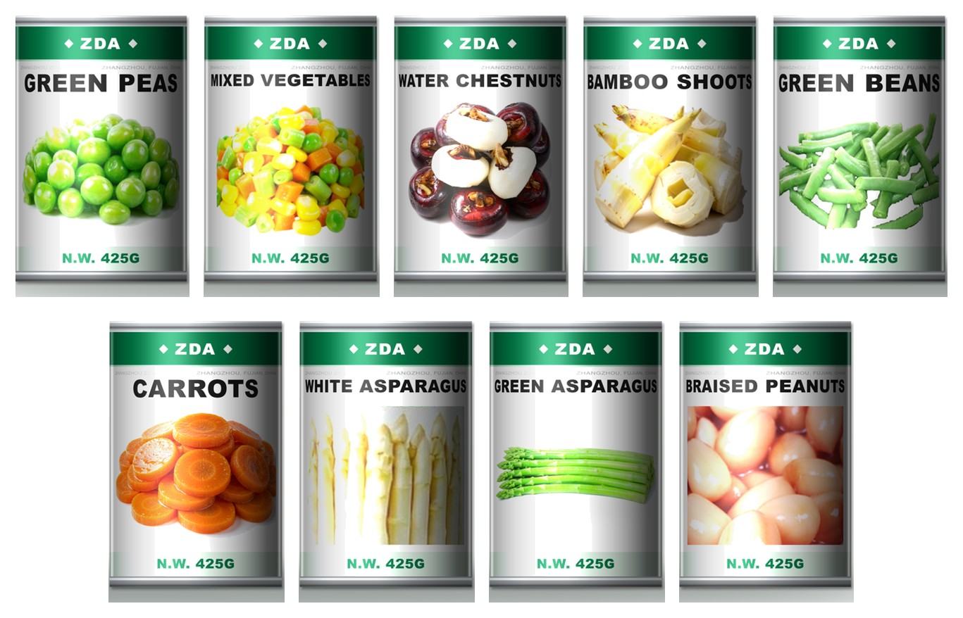 ZDA canned vegetables range in tinplate cans - green peas, mixed vegetables, water chestnuts, bamboo shoots, green beans, carrots and asparagus