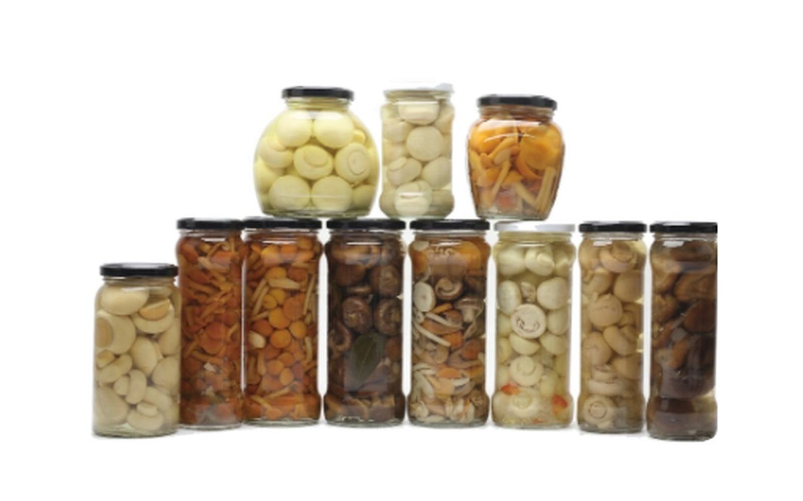 ZDA glass jar range - pickled garlic, mushrooms, baby corn, carrots and mixed fruit under twist-off lug caps