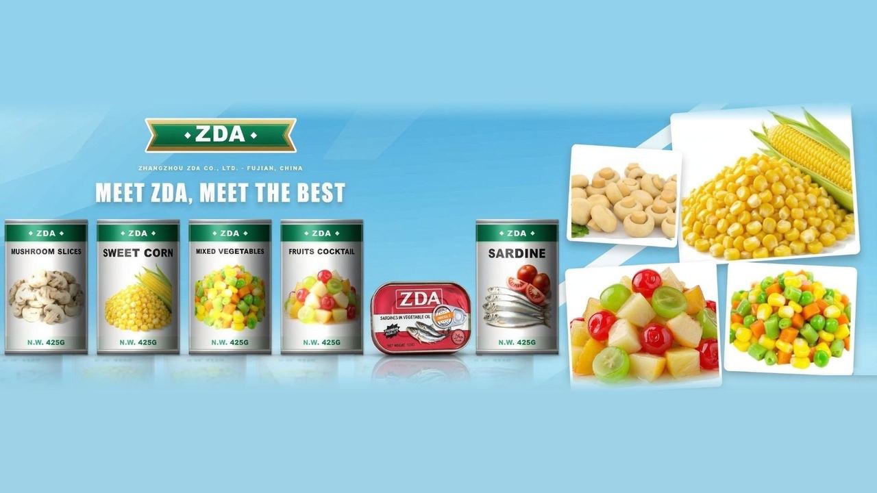 ZDA canned food range: mushroom slices, sweet corn, mixed vegetables, fruit cocktail and sardines in 125 g, 155 g and 425 g cans