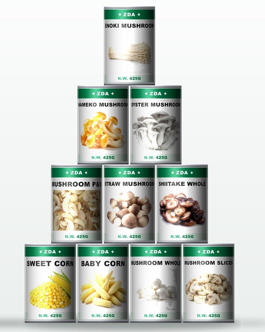 ZDA canned mushrooms and sweet corn in tinplate cans