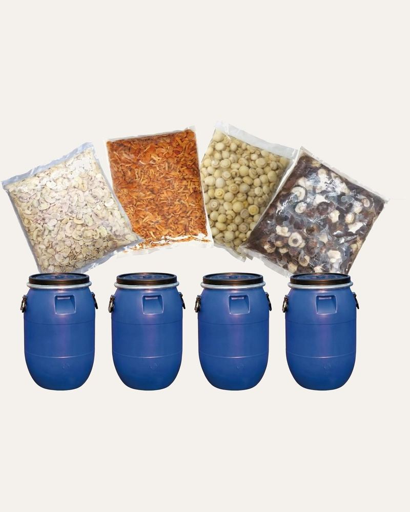 Bulk dried mushrooms, vegetables and fruit in vacuum pouches and food-grade blue drums